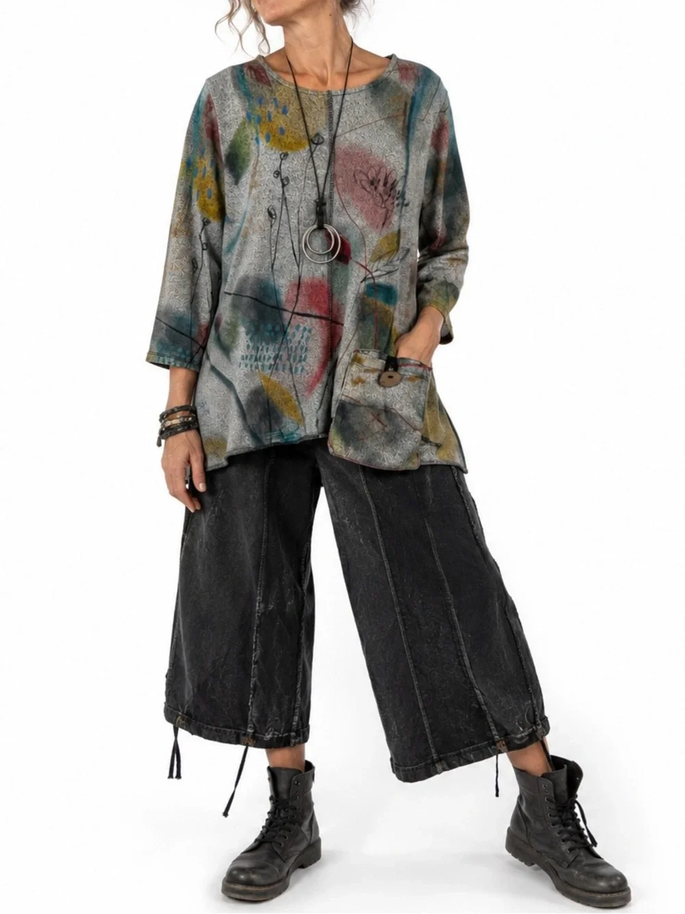 Jess & Jane Abstract Art Top Medium Made in USA Lagenlook Boho Artsy Pocket